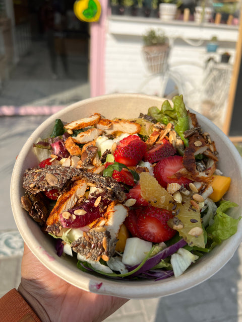 Strawberry Mozzarella chicken Salad with Lime dressing