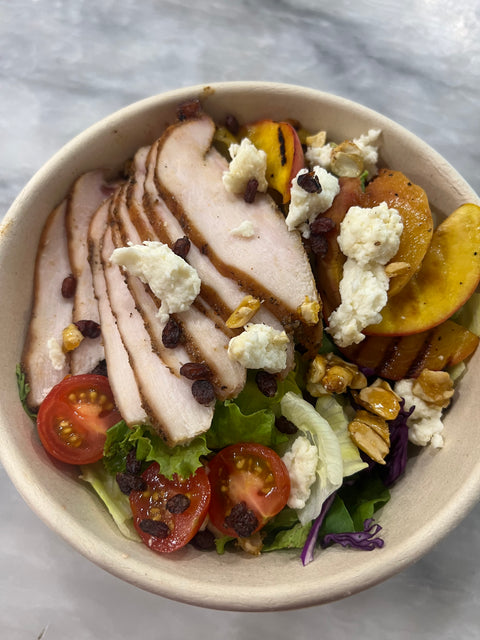 Grilled Peach Smoked Chicken Feta Salad with Vinaigrette Dressing