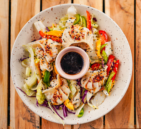 Asian Dumpling Salad with Peanut Satay Sauce